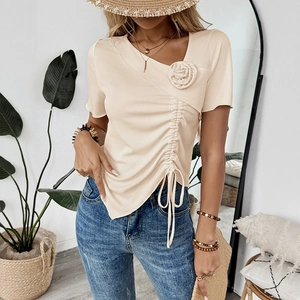 Top in maglia beige da donna con scollo a V, fiore 3D e dettaglio coulisse