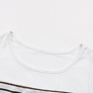 Detail of the crew neck collar with double-stitched edges on white striped knit tank top