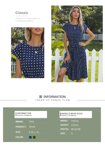 Polka dot short sleeve dress detail with size chart and model measurements