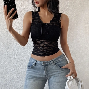 Women's black lace sleeveless crop top with floral patterns and delicate bow detail