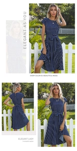 Close-up of dark blue polka dot summer dress showing waist tie and pleated details