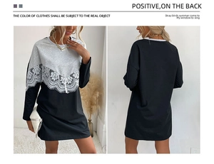 Detail view of women's long sleeve patchwork dress with elegant white floral lace inlays