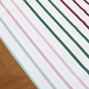 Detail of striped knitted fabric featuring pink, green and red lines on white base