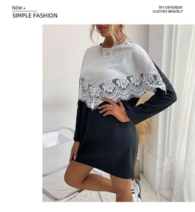 Detail of floral lace V-panel and grey-black contrast patchwork on long sleeve dress
