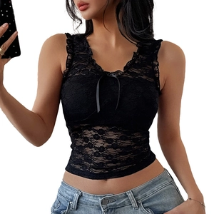 Women's black lace crop camisole with sweet bow detail and scalloped lace edges