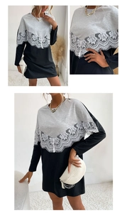 Detail view of lace patchwork and color-block design on the casual long sleeve dress