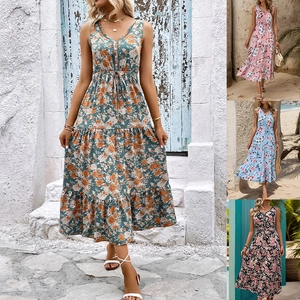 Women Summer Bohemian Sleeveless V-Neck Floral Maxi Dress Tiered A-Line Beach Vacation Long Dress With Drawstring Waist
