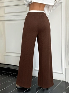 Women's high waist cable knit wide leg trousers in coffee brown with drawstring