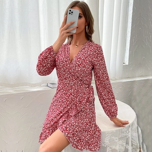 Women's V-Neck Wrap Long Sleeve Floral Dress Elegant Ruffle Hem Burgundy Red Fall Fashion Casual Midi A-Line Dress