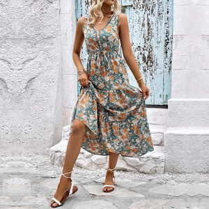 Green floral sleeveless midi dress with V-neck and drawstring waist for summer vacation