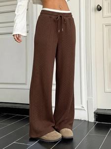 Women high waist brown cable knit wide leg trousers with drawstring waist and loose fit