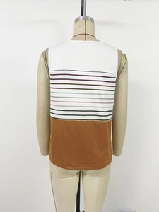 Detail view of the back design on women's striped tank top with color-block knit fabric