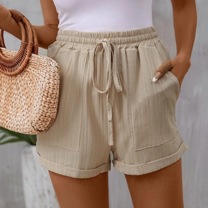 Women's casual high-waisted shorts with elastic drawstring and textured fabric