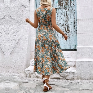 Summer floral sleeveless midi tiered dress with high waist and teal flower pattern
