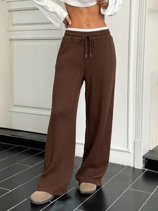 Women's high waist wide leg lounge pants in brown cable knit texture with drawstring