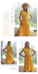 Detailed views of yellow polka dot pleated dress with short sleeves and waist tie belt