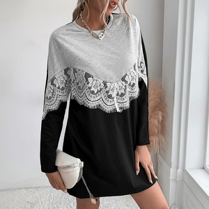 Women Casual Crew Neck Sweatshirt Dress Lace Patchwork Color Block Long Sleeve Cotton Blend Mini Dress Fall Winter Outfits