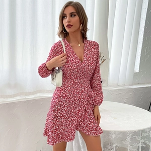 Women's red floral wrap V-neck dress with long sleeves and ruffled hem details