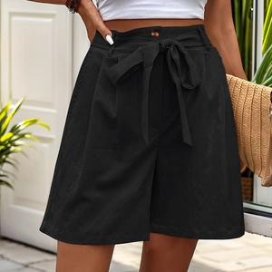 Women's black high-waisted linen shorts with bow belt and wide-leg design for summer