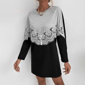 Women's long sleeve sweatshirt dress with grey and black patchwork and lace detailing