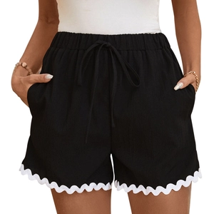 Women's black casual shorts with white scalloped trim and drawstring elastic waist