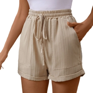 High-waisted beige casual shorts with elastic drawstring and cuffed hem for summer