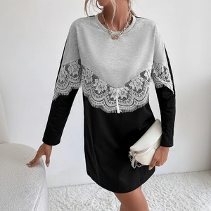 Women's crewneck long sleeve dress with grey and black patchwork and white lace detail