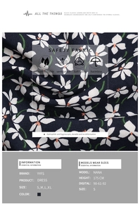 Detailed fabric texture of navy floral dress with sizing and fit information