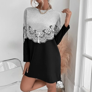 Women's crew neck long sleeve dress with grey and black color block and white lace trim