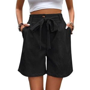 Women's high waist black casual shorts with adjustable bow tie belt and wood button detail