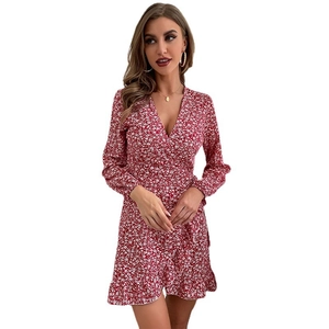 Red floral v-neck wrap dress with long sleeves and ruffle hem for a stylish autumn look