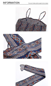 Detail of paisley print jumpsuit featuring smocked elastic bodice and thin straps