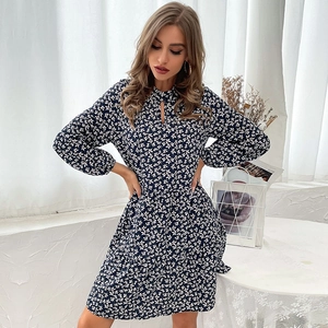 Floral long sleeve mini dress with keyhole neckline in navy blue and white print