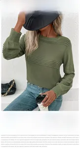 Close-up of avocado green ribbed knit sweater featuring horizontal stripe texture details
