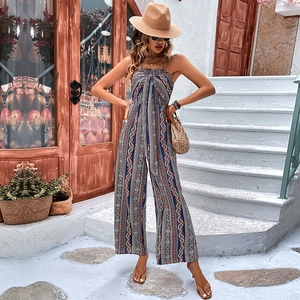 Women bohemian paisley print jumpsuit with thin straps and wide legs in navy blue