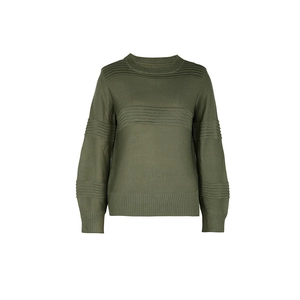 Detail view of military green knit sweater showing ribbed cuffs and horizontal textures