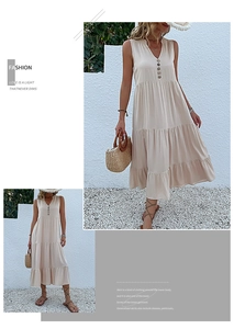 Detail of apricot V-neck sleeveless maxi dress featuring tiered skirt and wooden buttons
