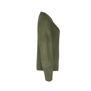Detail view of olive green knit sweater showing textured ribbed patterns on the sleeves