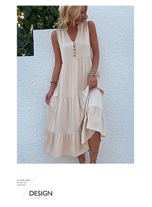 Detail of a sleeveless V-neck maxi dress with button-up front and tiered ruffle skirt