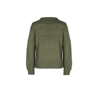 Detail view of olive green knit sweater featuring textured wave patterns and ribbed cuffs