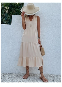 Detail view of v-neck sleeveless summer maxi dress with decorative buttons and tiered skirt