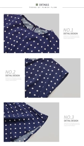 Detailed views of navy blue polka dot dress showing neckline, stitching and curved hemline