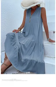 Detail view of a light blue tiered sleeveless dress with V-neck and decorative buttons
