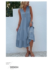 Detail of light blue tiered maxi dress featuring V-neckline and button-down front details