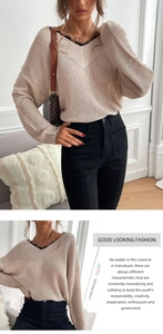 Detailed view of beige V-neck hollow knit sweater with elegant wavy openwork texture