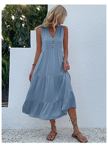 Detail of smog blue V-neck sleeveless midi dress with tiered skirt and buttons