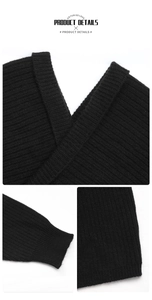 Détails du col en V, des poignets côtelés et de l'ourlet sur une robe en maille noire
