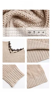 Detail of chunky knit sweater featuring delicate black lace trim on the V-neckline