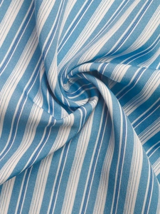 Detailed close-up of blue and white vertical stripe woven cotton fabric texture