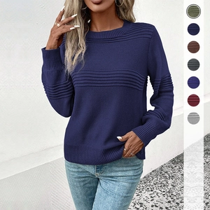 Women's crew neck long sleeve knit sweater with textured horizontal pleats in navy blue